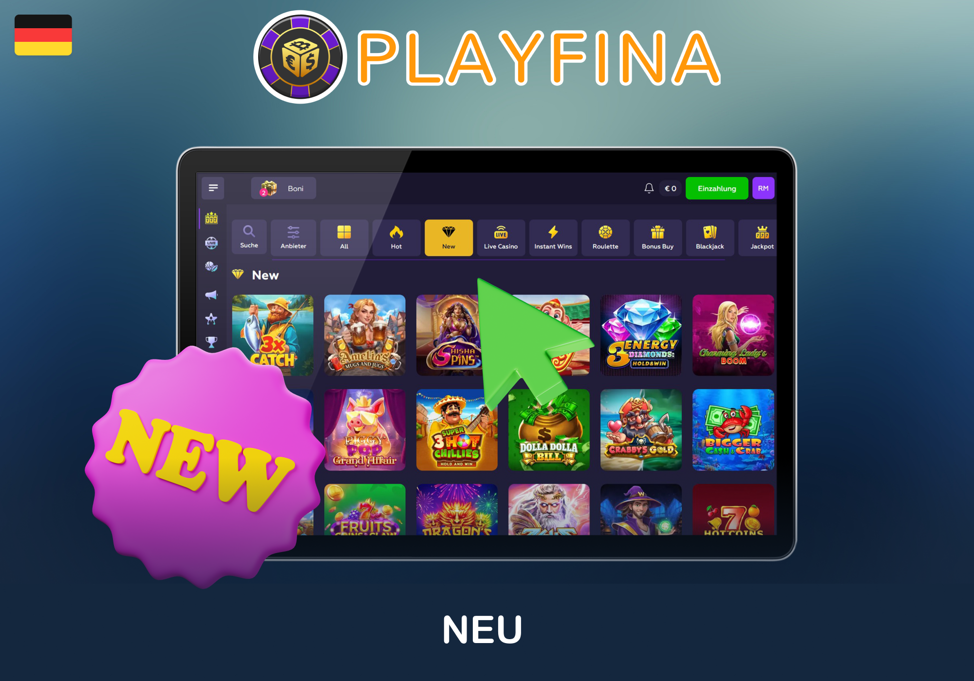 Unter „Neu“ sehen Sie alle kürzlich hinzugefügten Playfina-Spiele