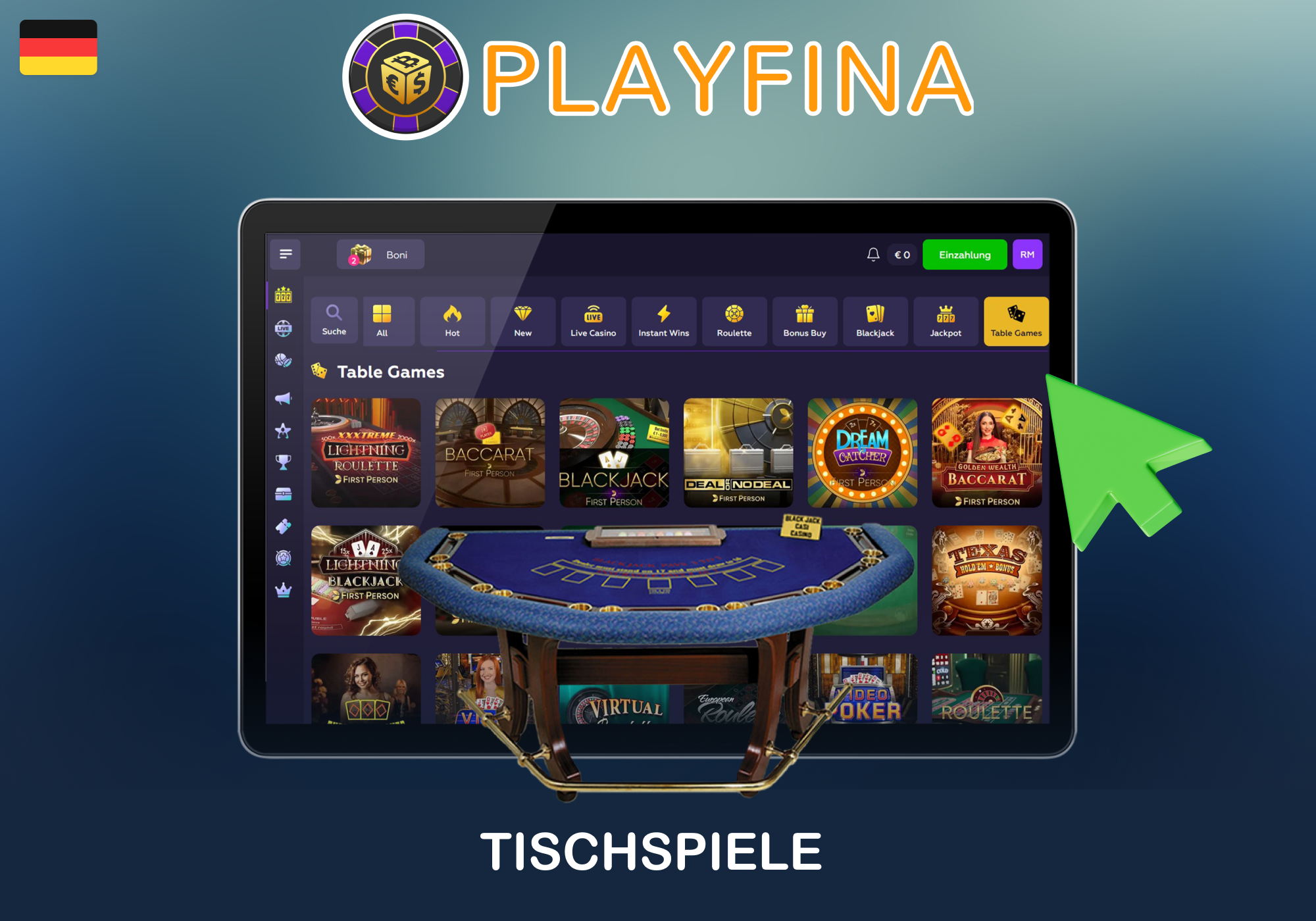 Unter Tischspiele finden Sie diverse Varianten von Blackjack, Roulette, Poker und Baccarat